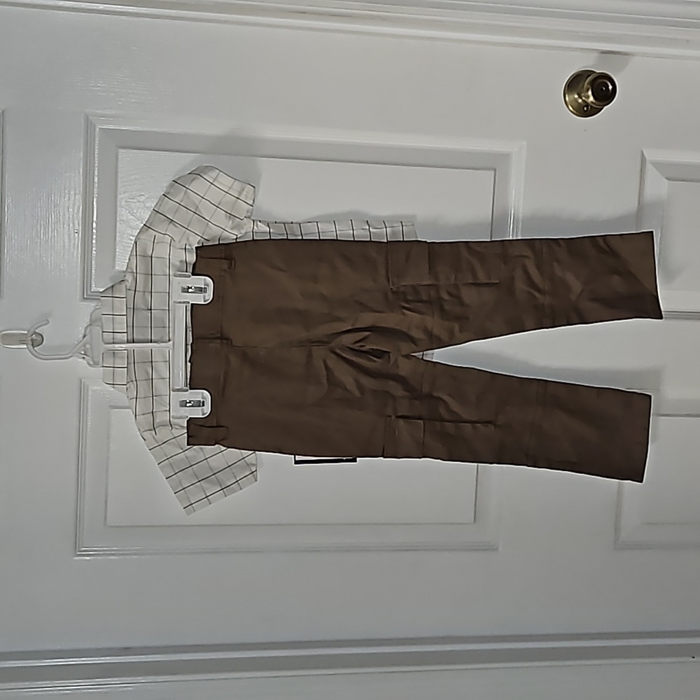 Freestyle 2 Piece Set White Button Down Blue Brown Stripe Sleeve Brown Cargo 5 - Picture 2 of 13